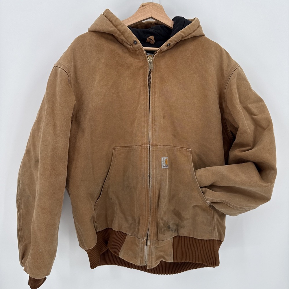 Vintage Carhartt Mens Size Large J140 Brown Canvas Hooded Workwear Jacket